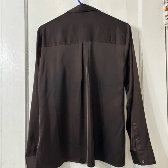 Express | Chocolate Brown Satin-esque Portofino Blouse - Picture 4 of 5